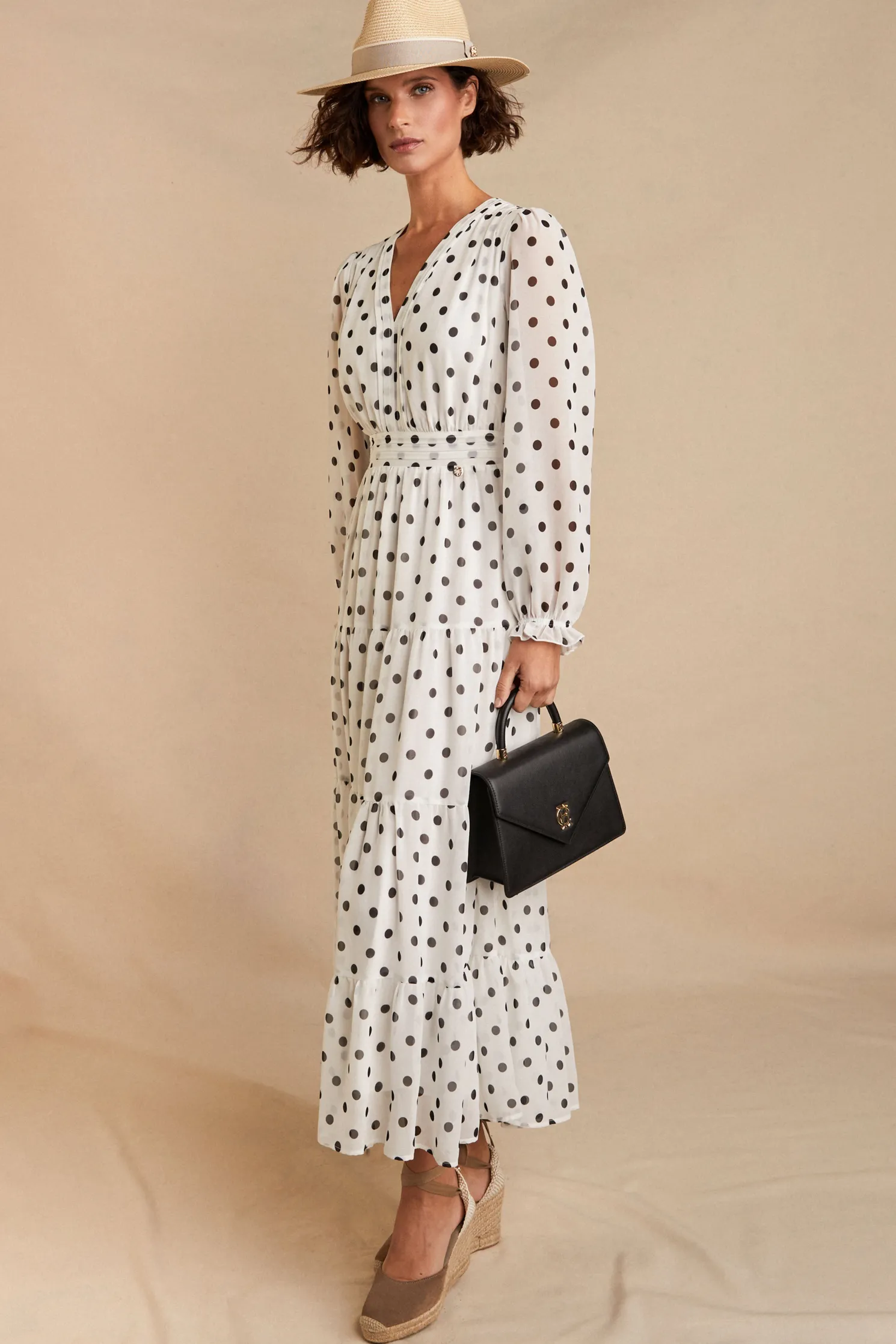 Bella Tiered Maxi Dress (White Black Polka Dot)