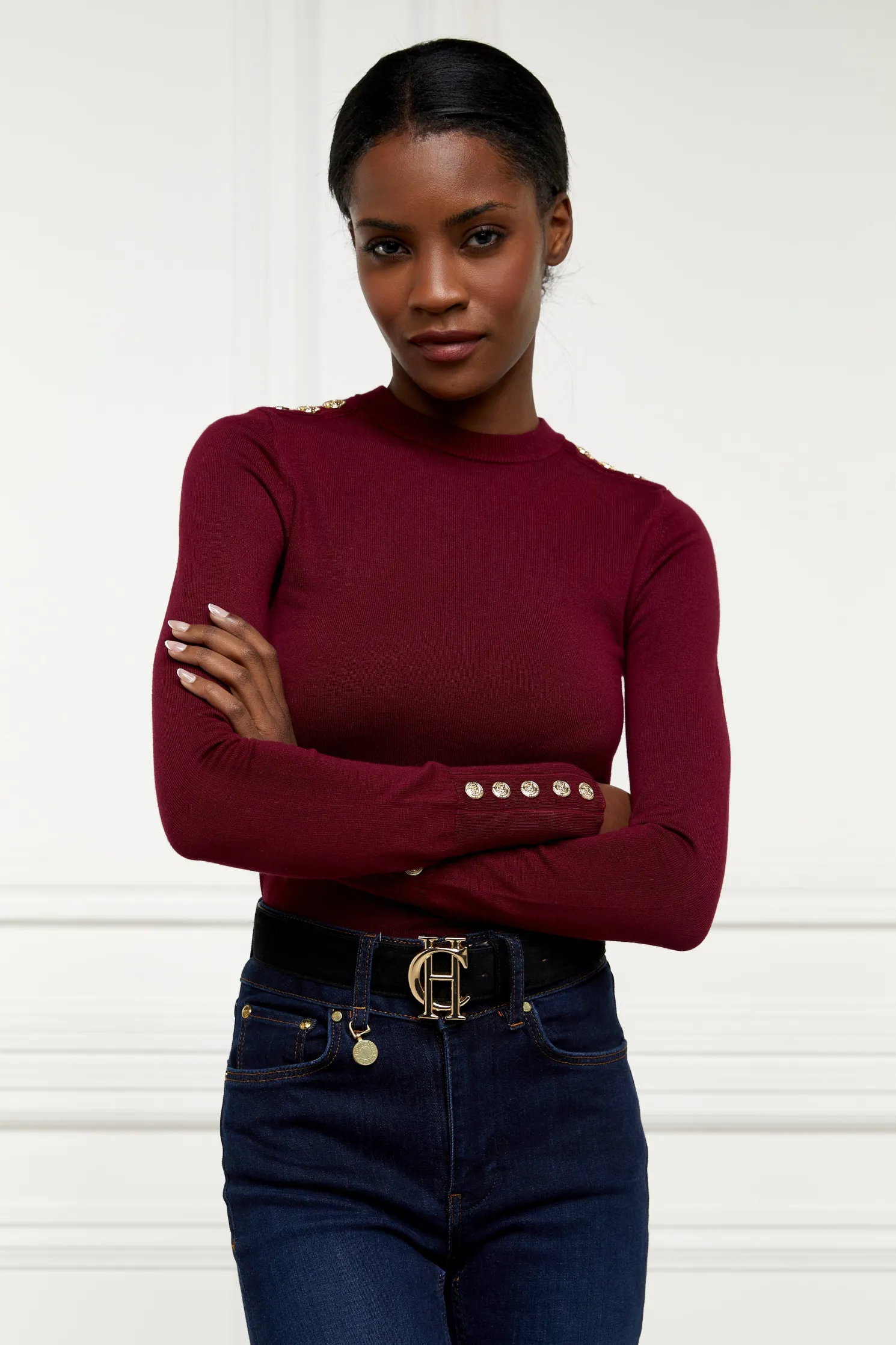 Buttoned Knit Crew Neck (Wine)