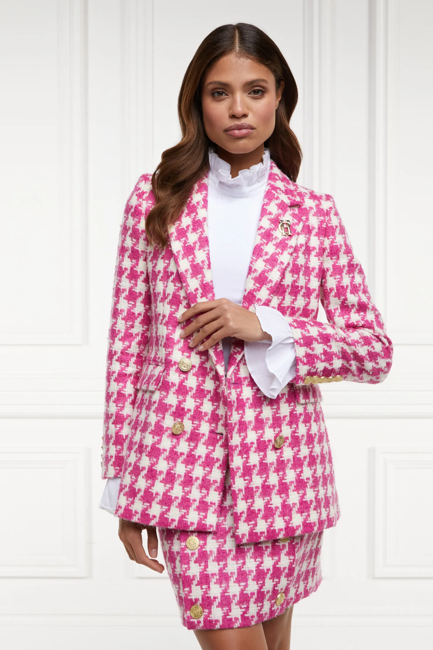 Double Breasted Blazer (Hot Pink Large Scale Houndstooth)