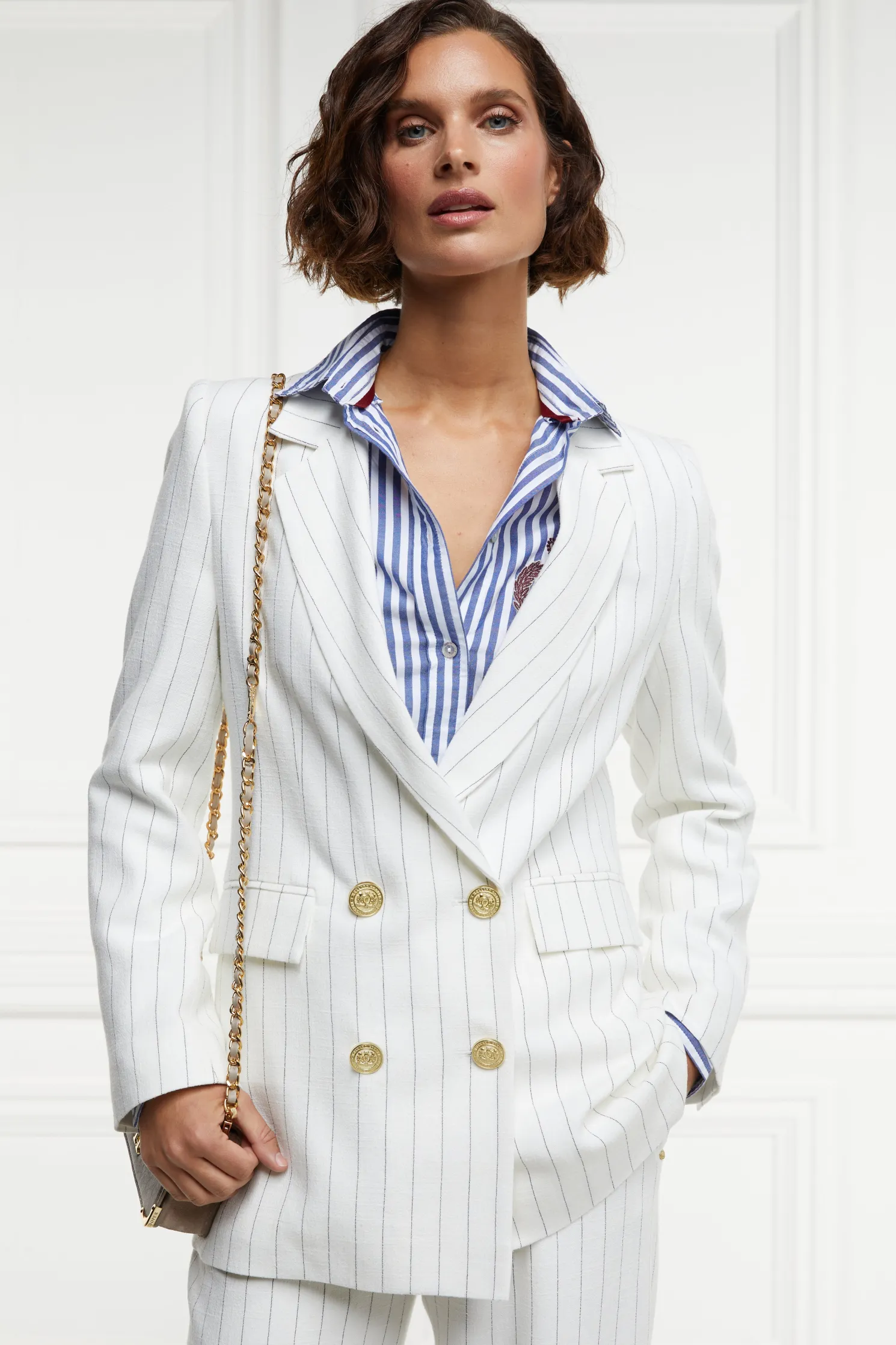 Double Breasted Blazer (Oyster Linen Pinstripe)