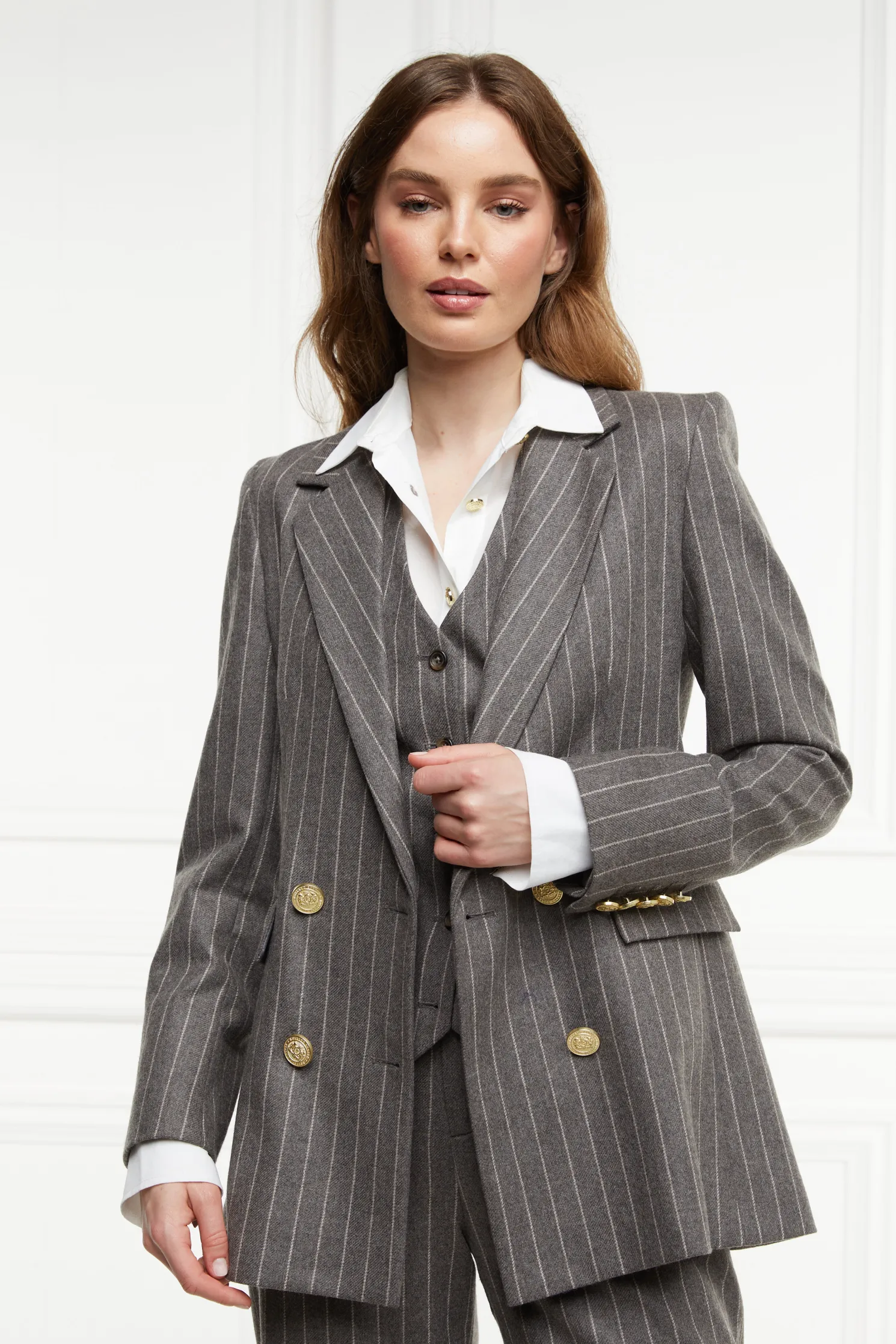 Double Breasted Blazer (Soft Grey Pinstripe)