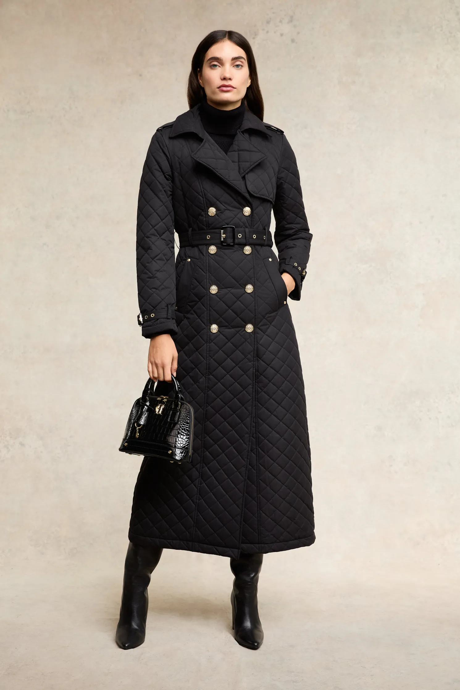 Full Length Enstone Quilted Trench Coat (Black)
