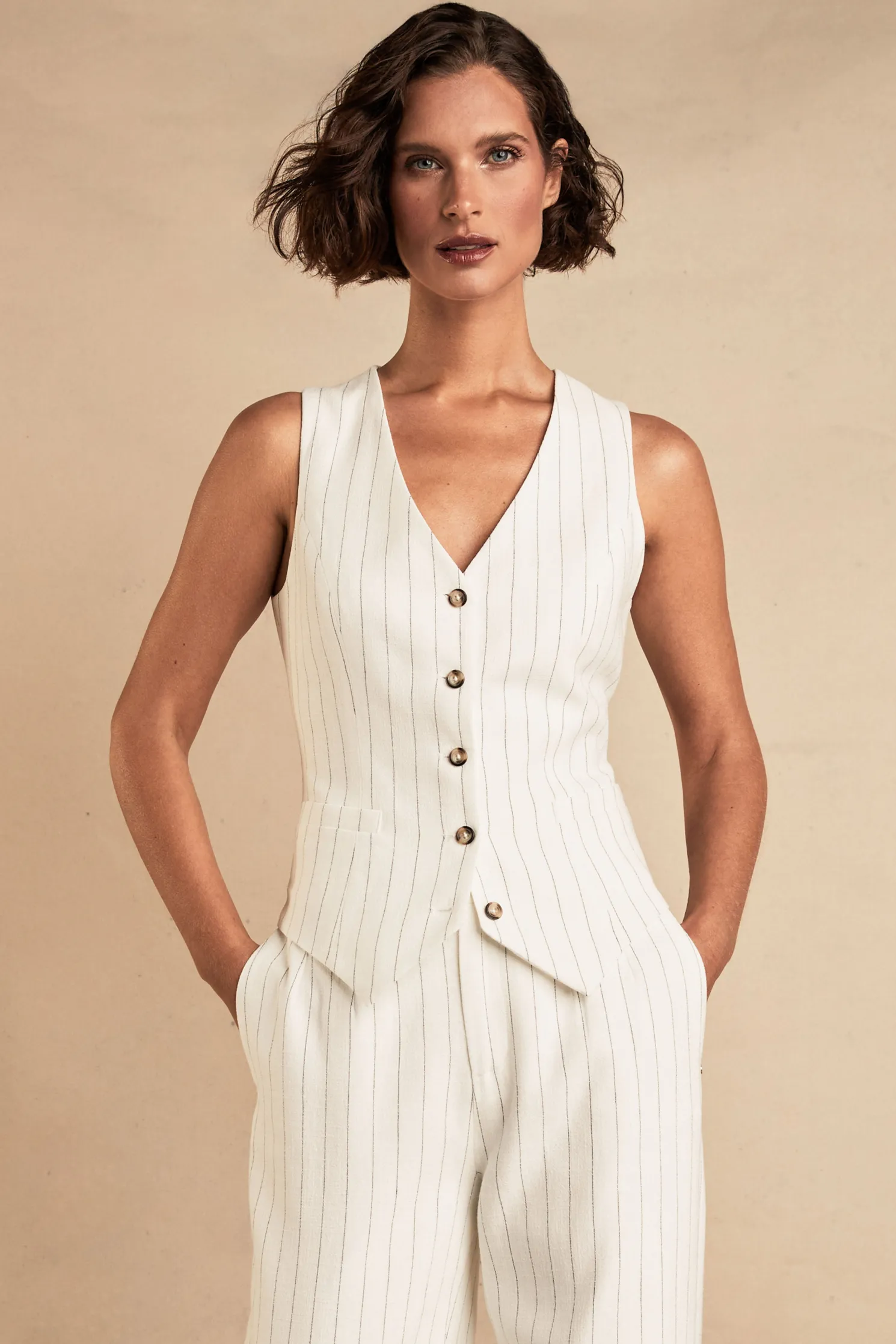 Hampton Waistcoat (Oyster Linen Pinstripe)