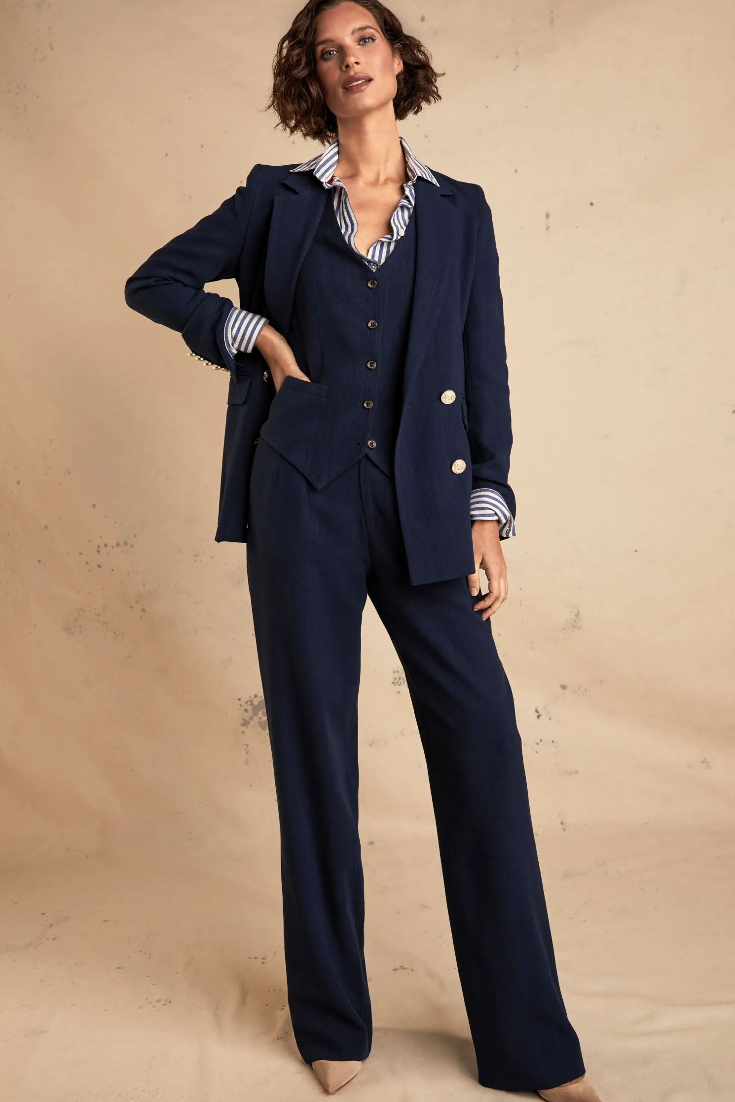 High Waisted Straight Trouser (Navy Linen)