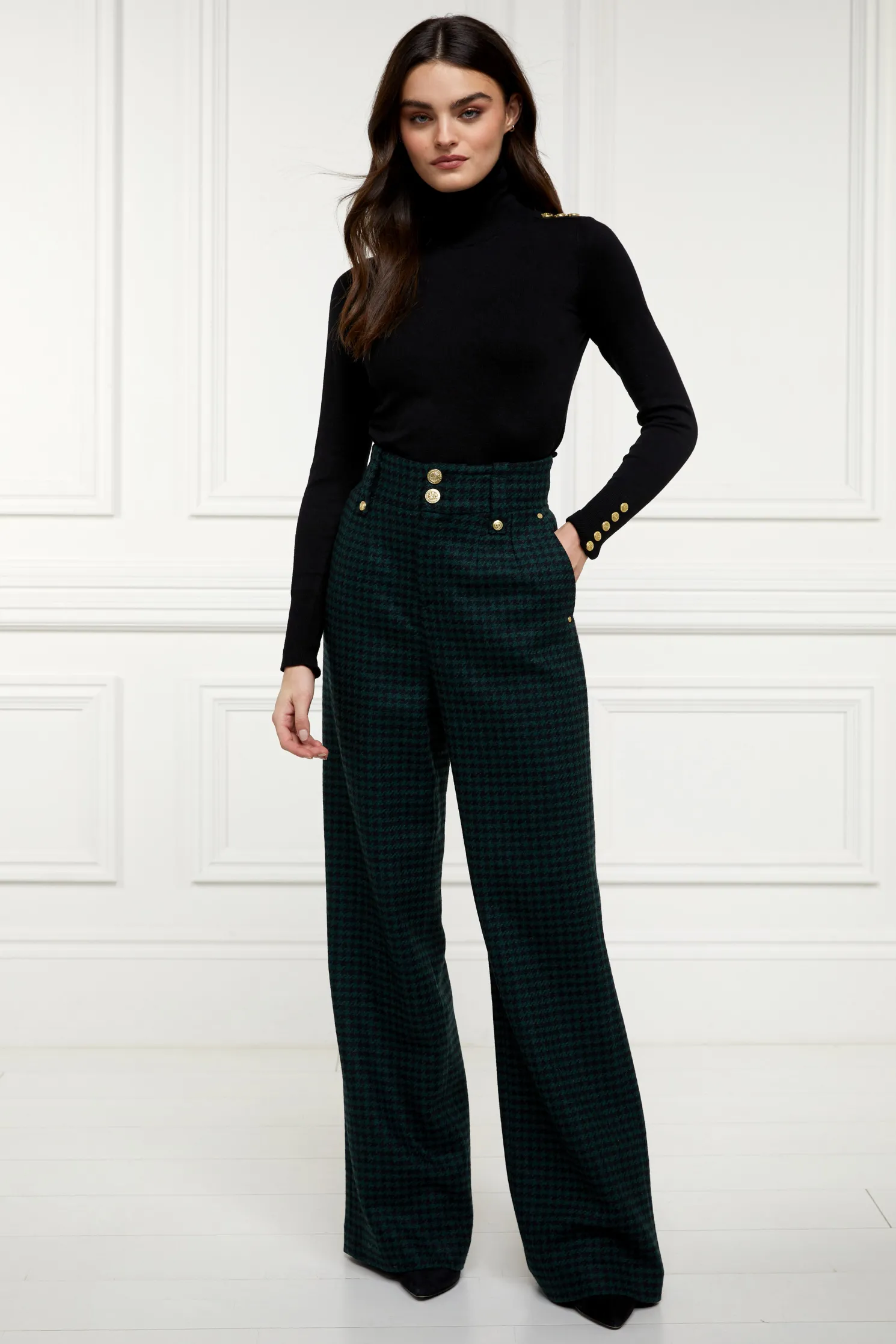 High Waisted Straight Trouser (Emerald Houndstooth)