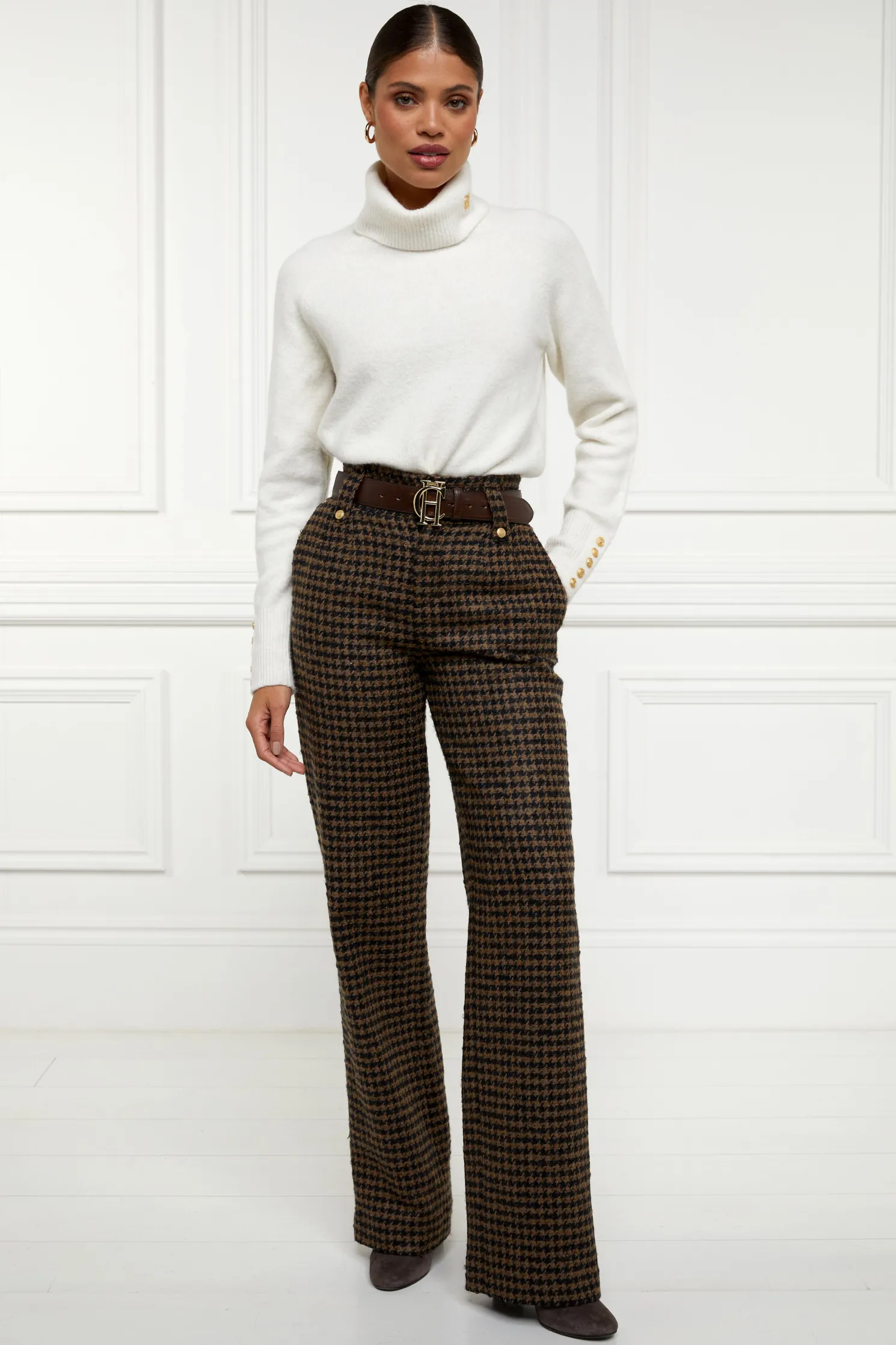 High Waisted Straight Trouser (Chocolate Houndstooth)