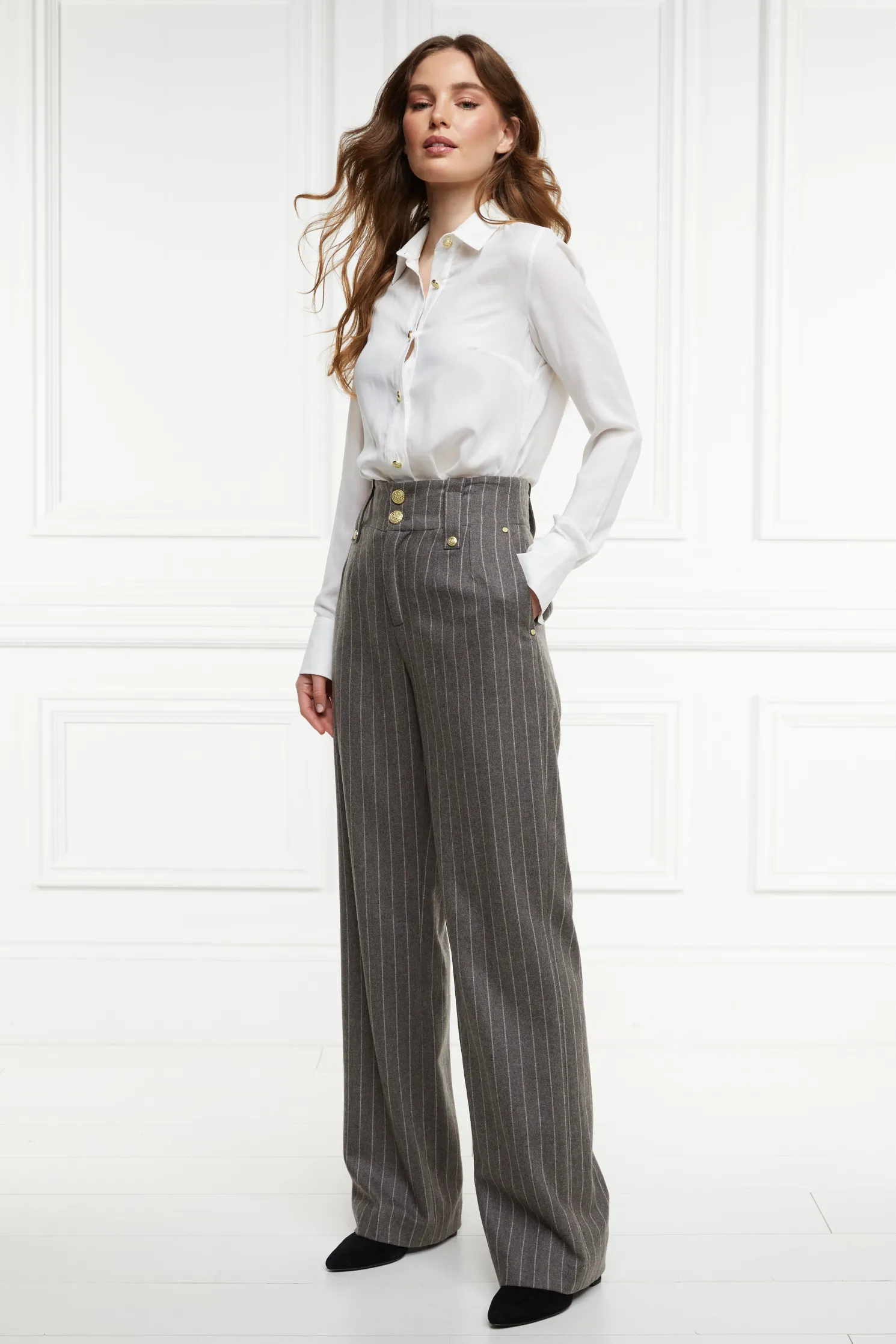 High Waisted Straight Trouser (Soft Grey Pinstripe)