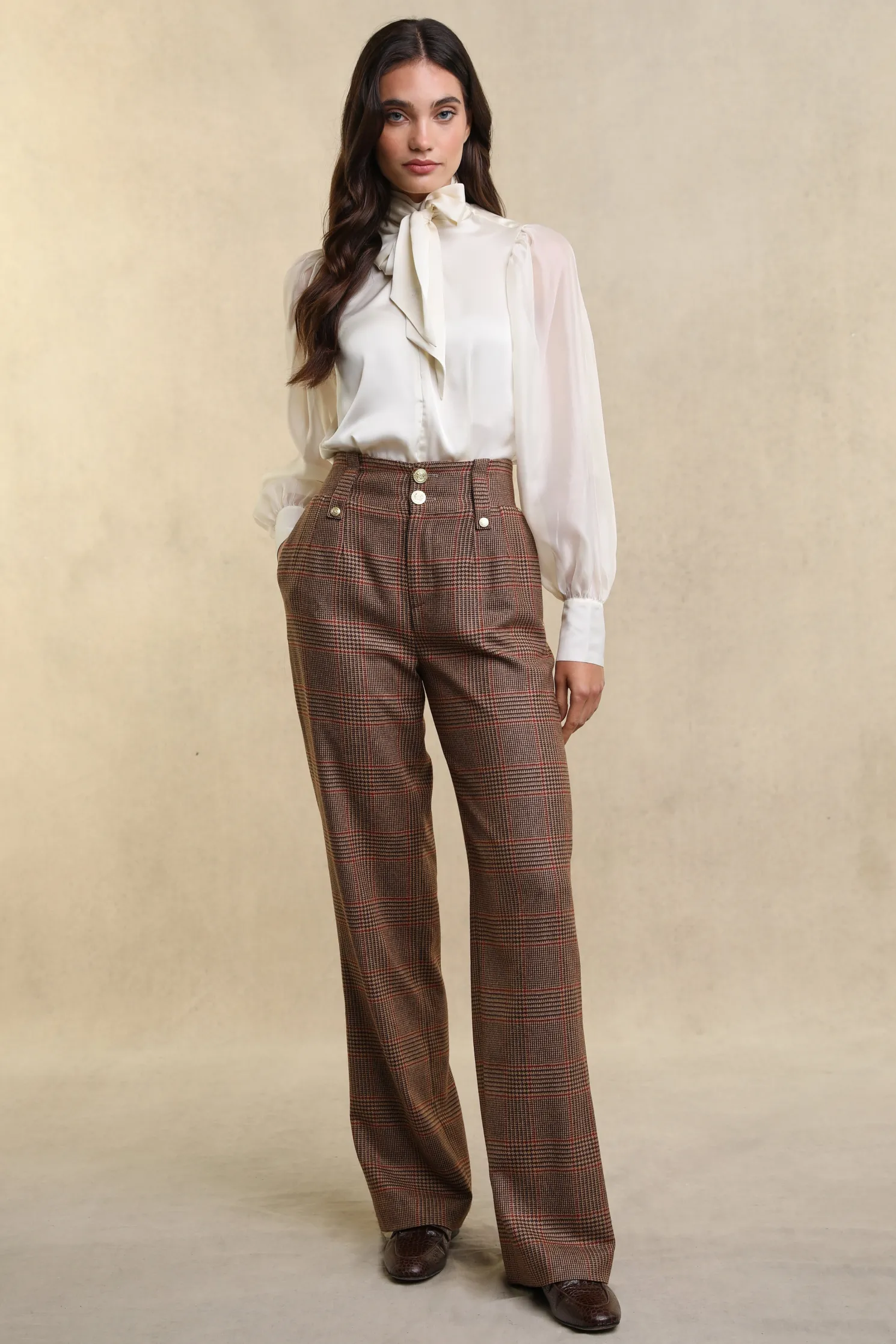 High Waisted Straight Trouser (Clarence Check Merlot)