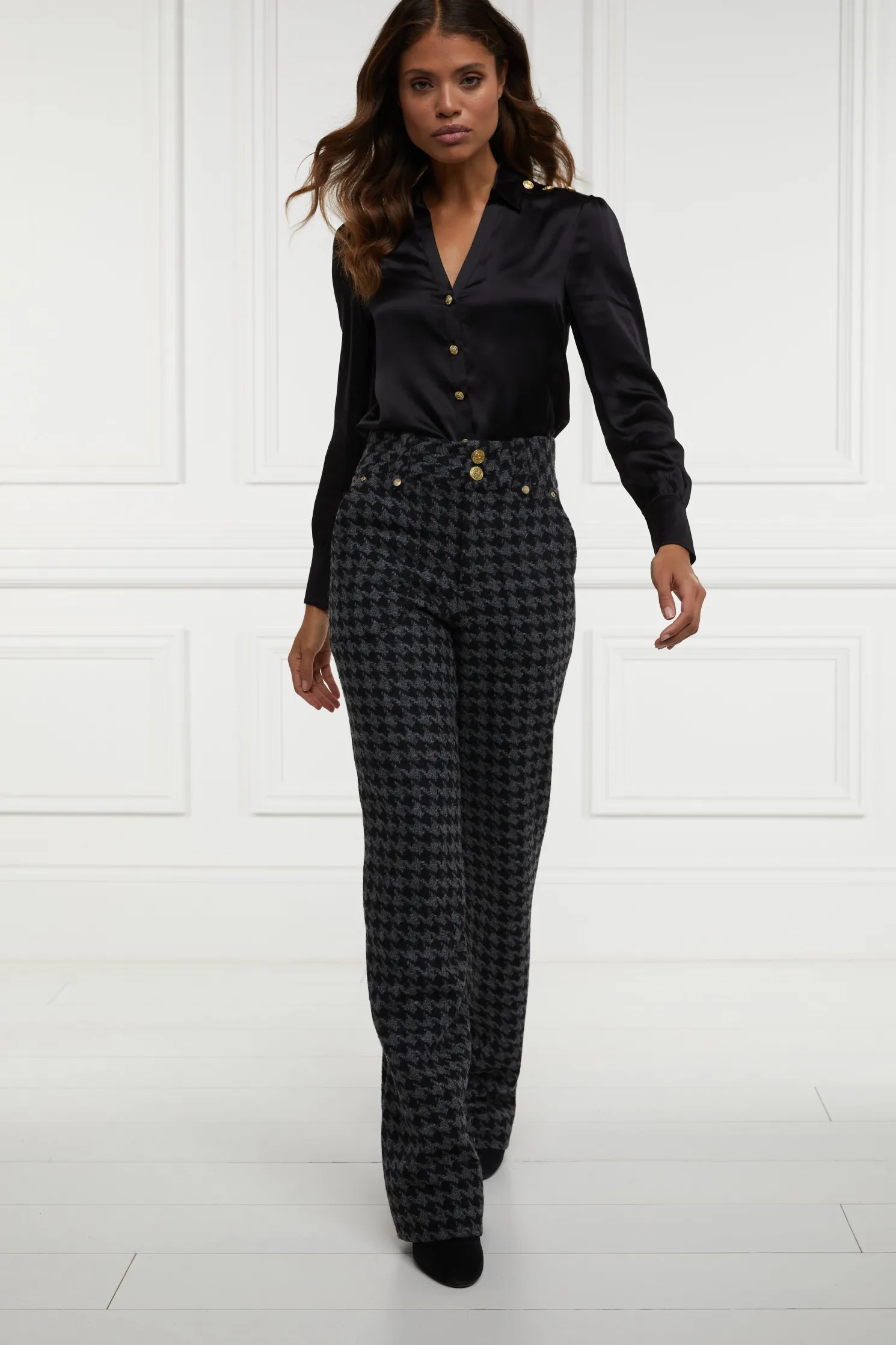 High Waisted Straight Trouser (Large Scale Charcoal Houndstooth)