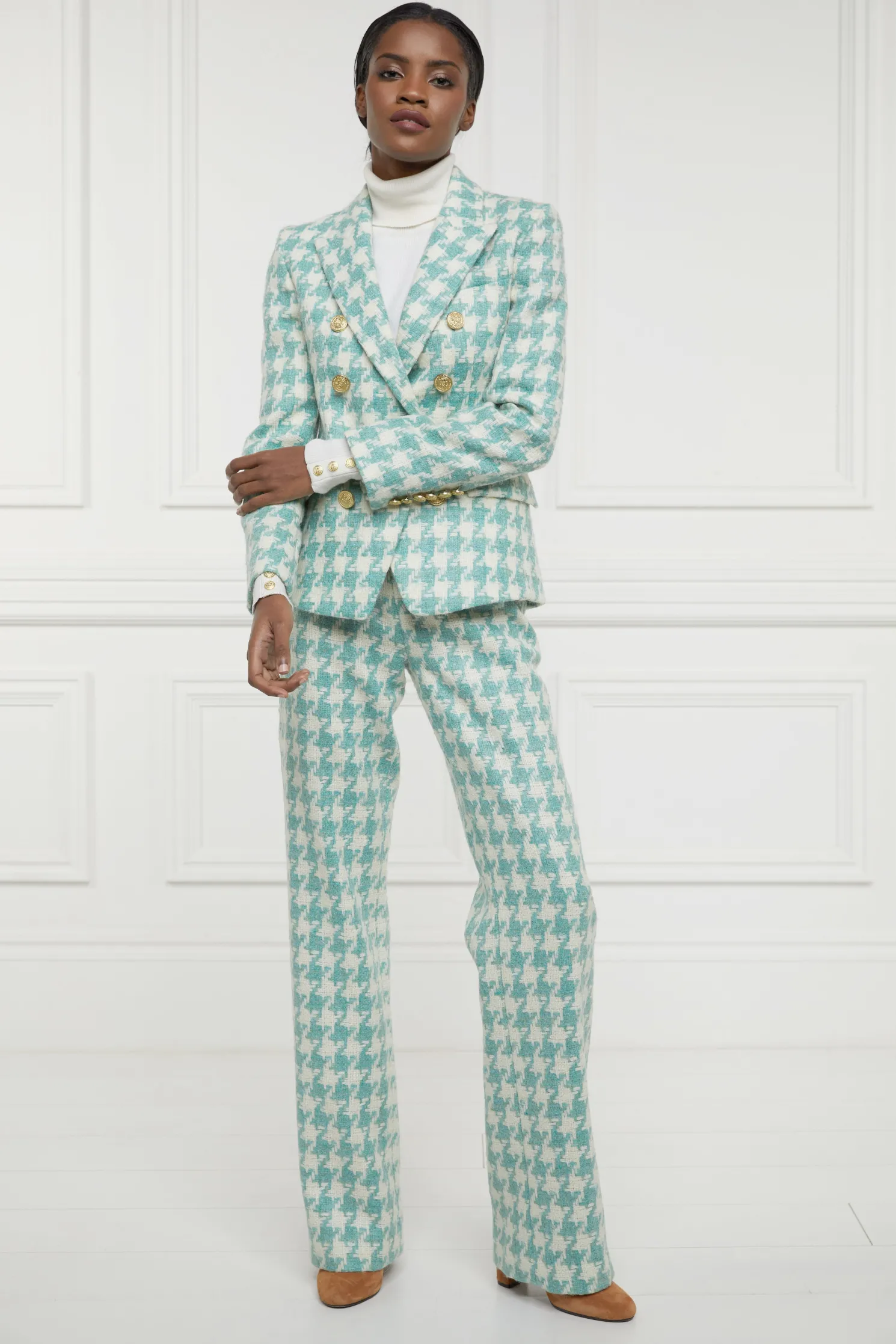 High Waisted Straight Trouser (Large Scale Teal Houndstooth)