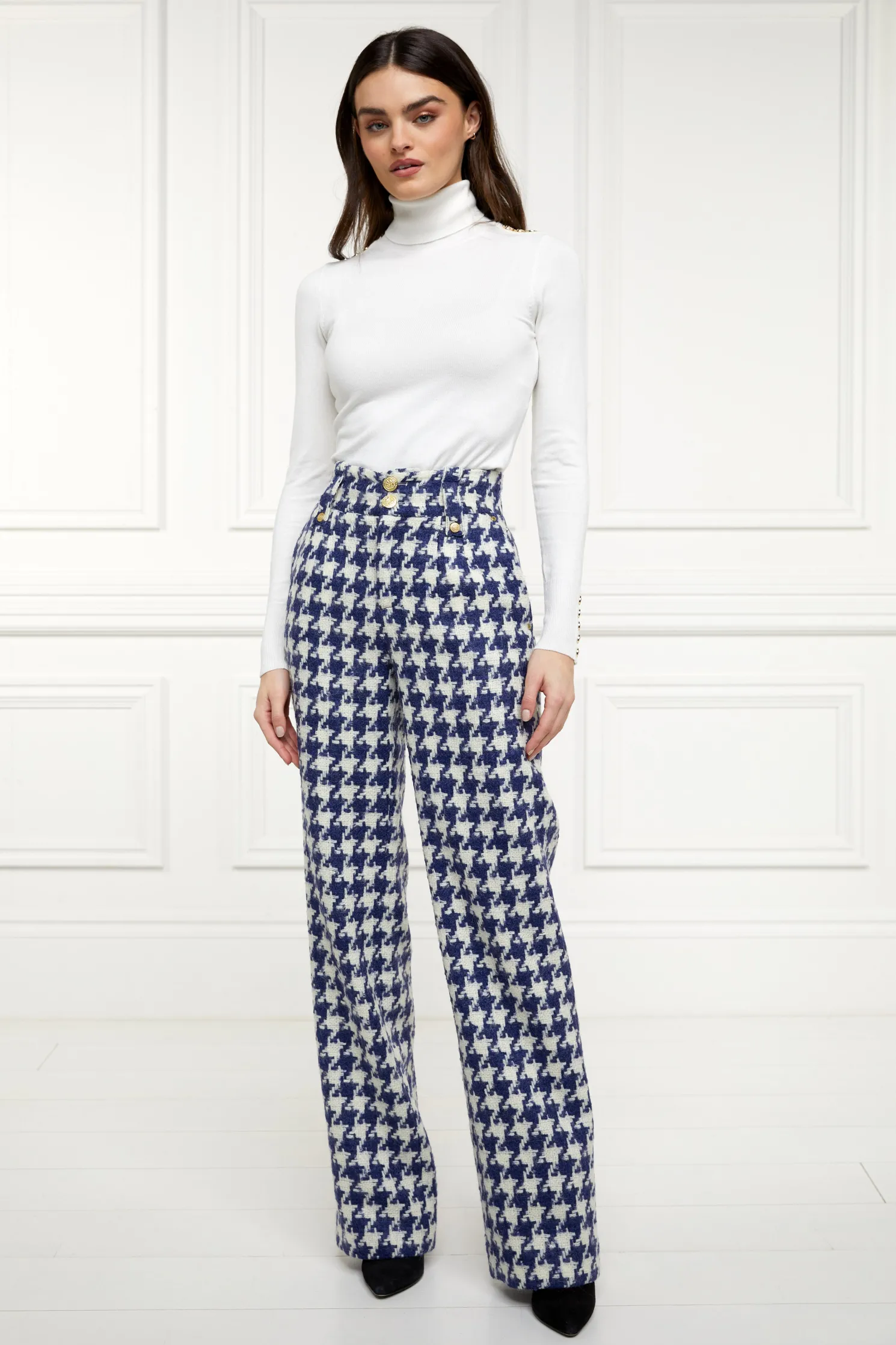 High Waisted Straight Trouser (Large Scale Navy Houndstooth)