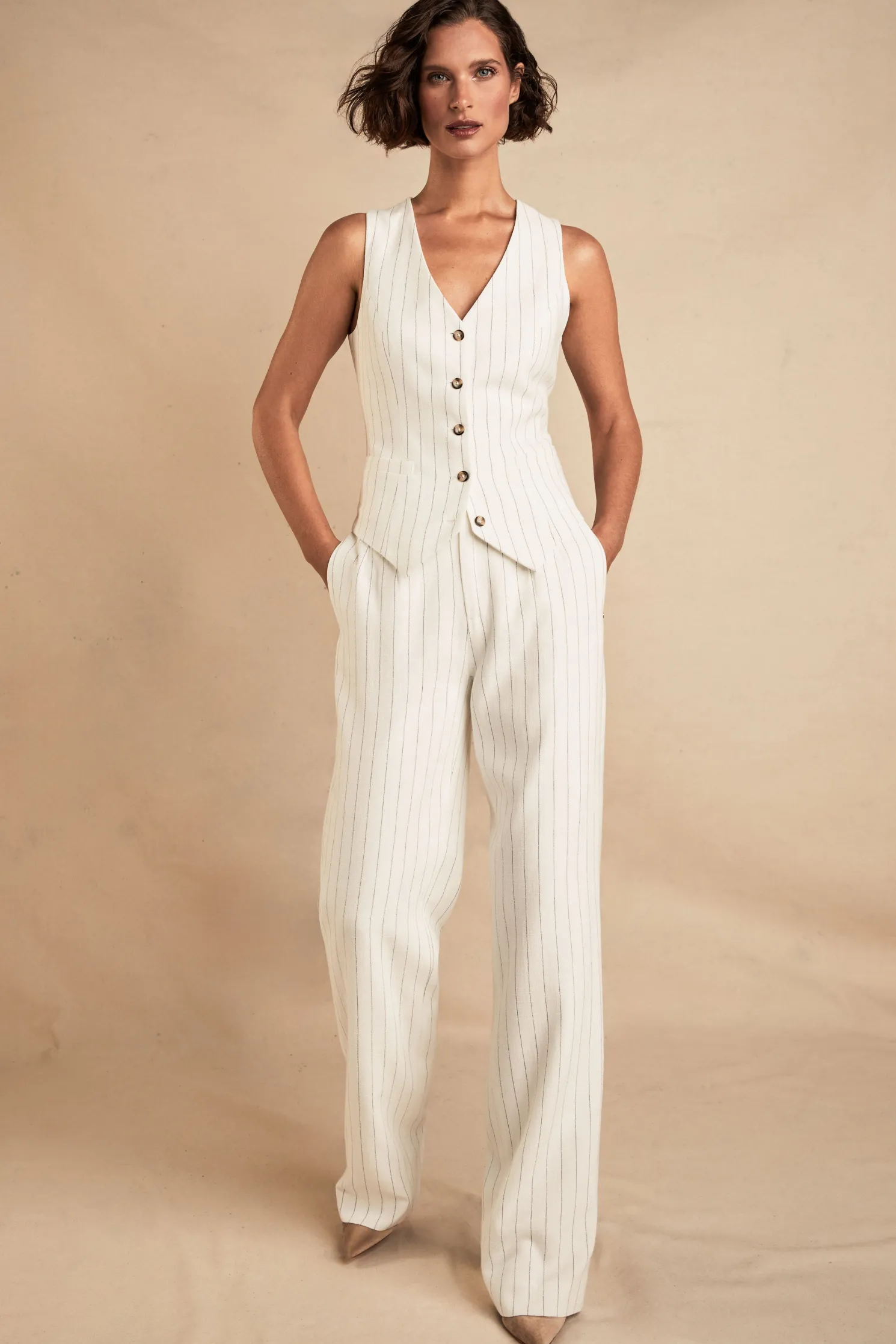 High Waisted Straight Trouser (Oyster Linen Pinstripe)