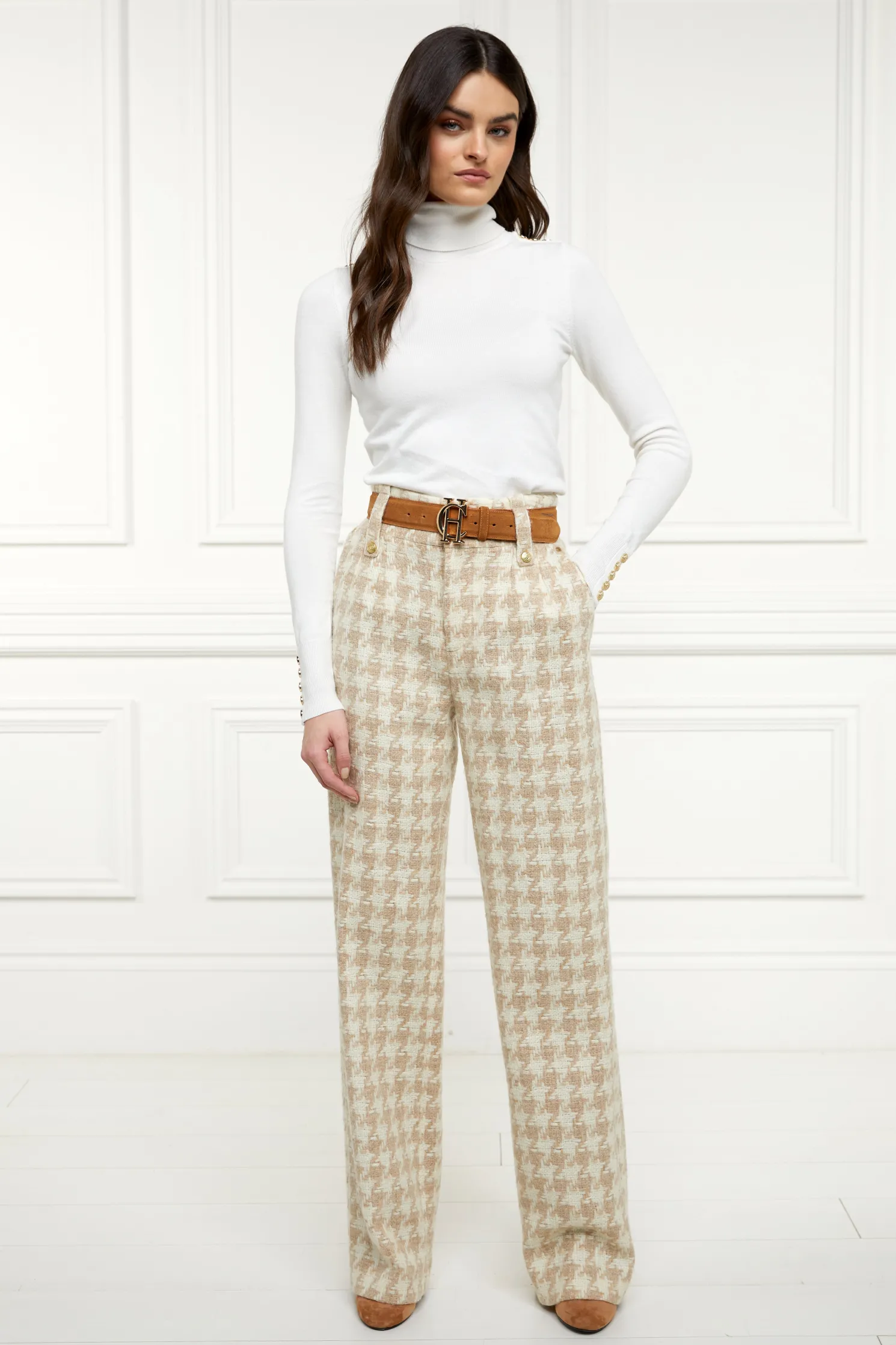High Waisted Straight Trouser (Camel Houndstooth)
