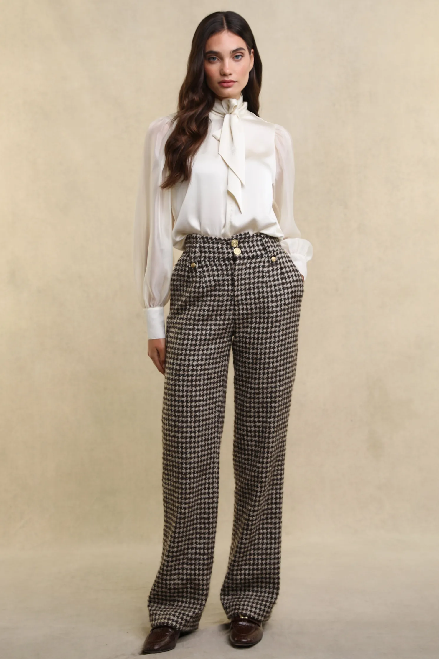 High Waisted Straight Trouser (Coffee Houndstooth)