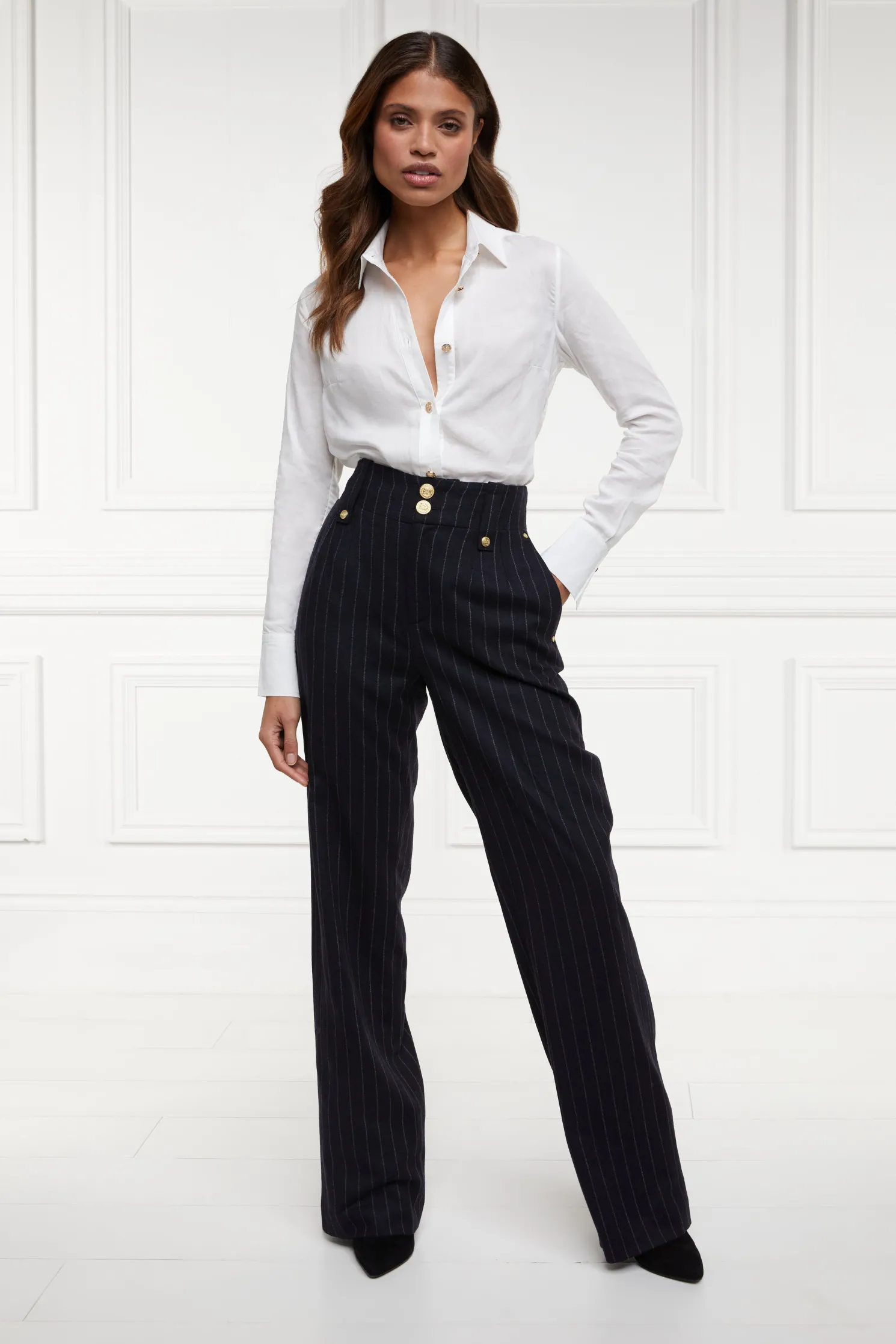 High Waisted Straight Trouser (Navy Chalk Pinstripe)
