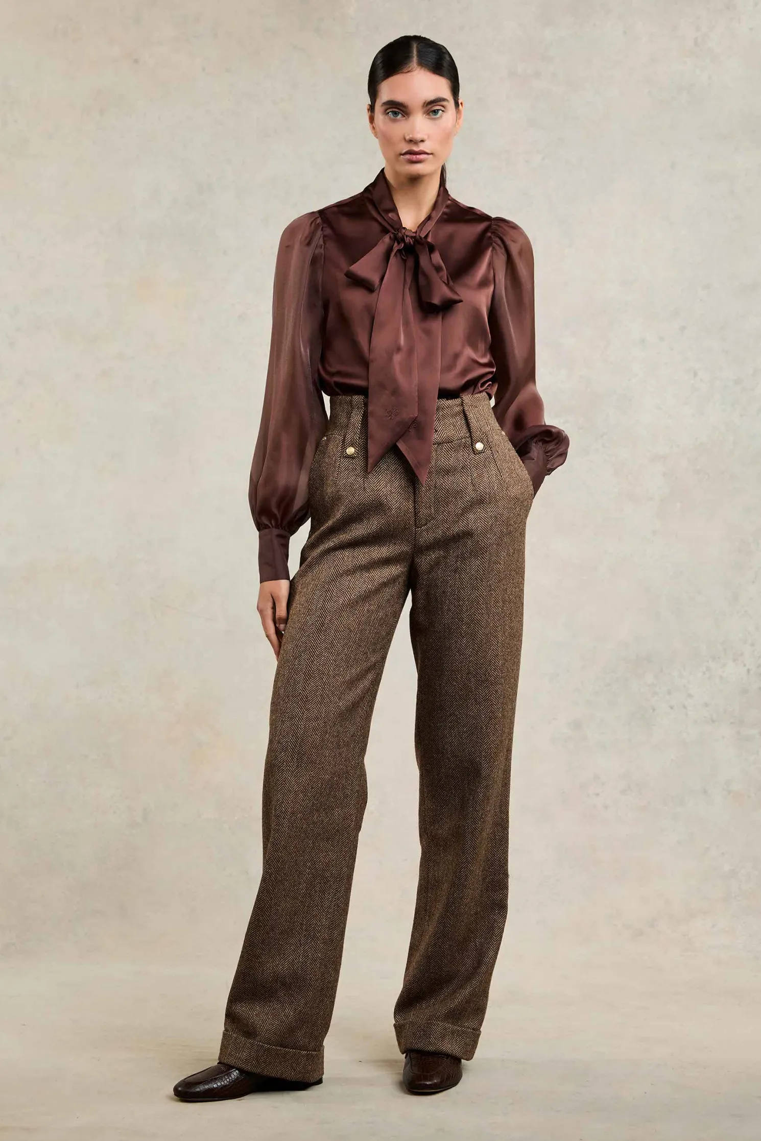 High Waisted Wide Leg Trouser (Large Scale Brown Herringbone)