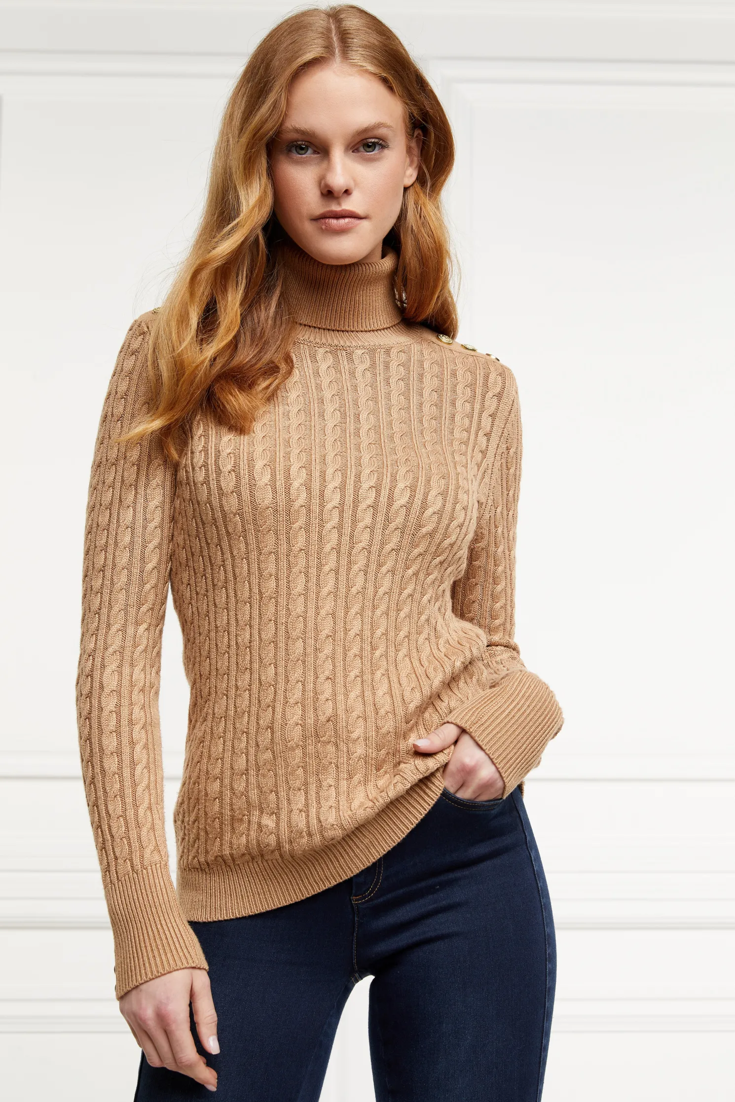 Seattle Roll Neck Cable Knit (Dark Camel Marl)