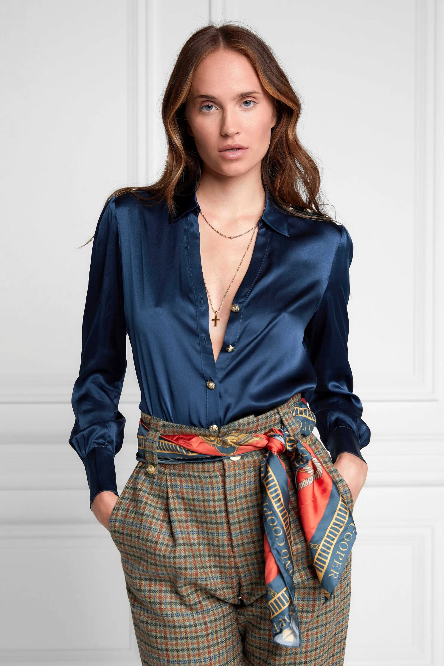 Silk V-Neck Blouse (Petrol Blue)