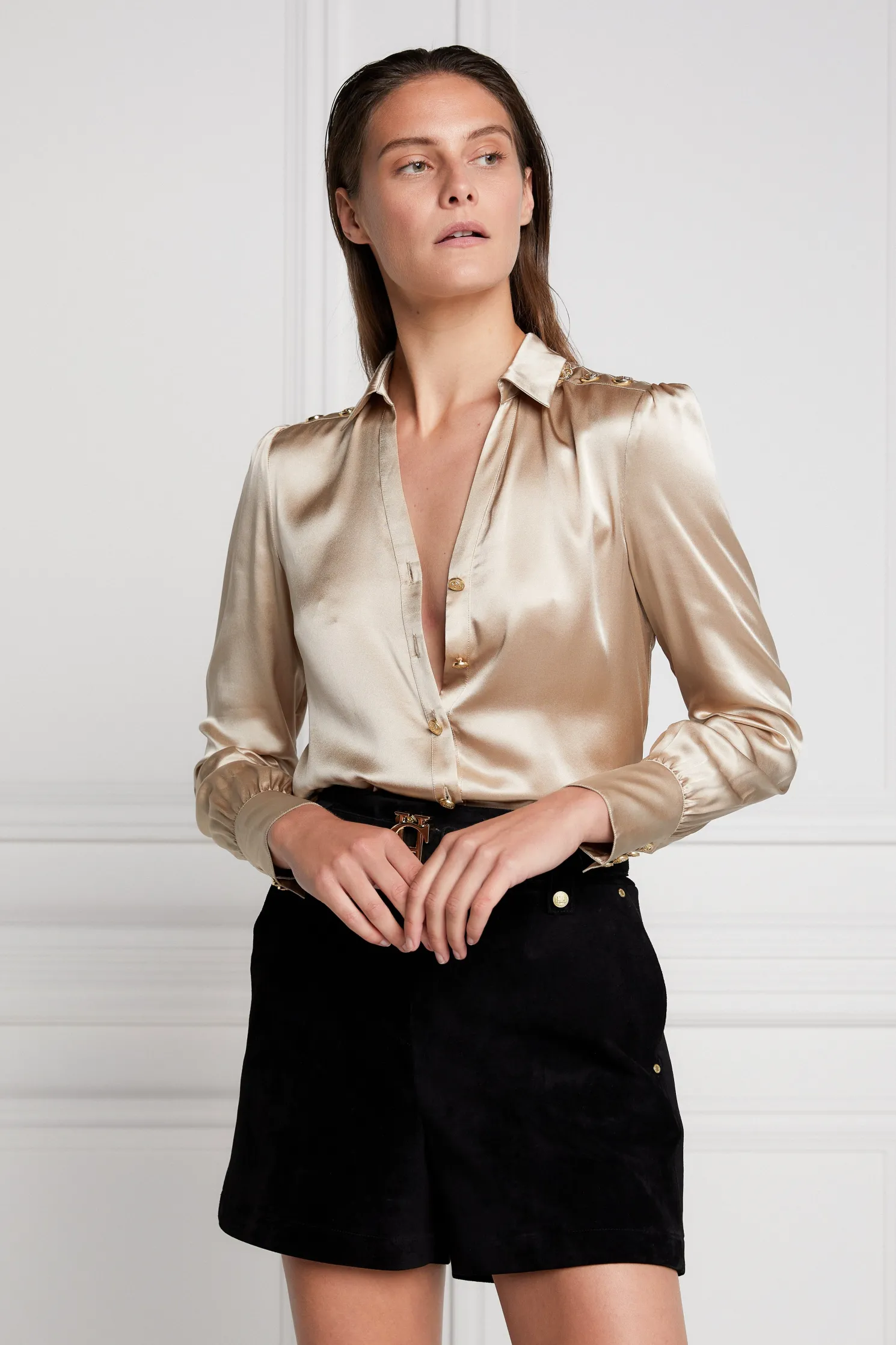 Silk V-Neck Blouse (Champagne)